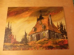 1971 original OIL on CANVAS MICHEL KIRO Quebec City Canada Autumn Cabin Stone