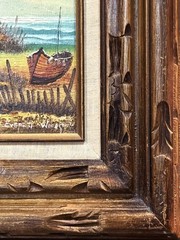 Everett Woodson (USA), VTG Orig. O/B „Seaside Scene With Barn, Boat, & Seagulls“