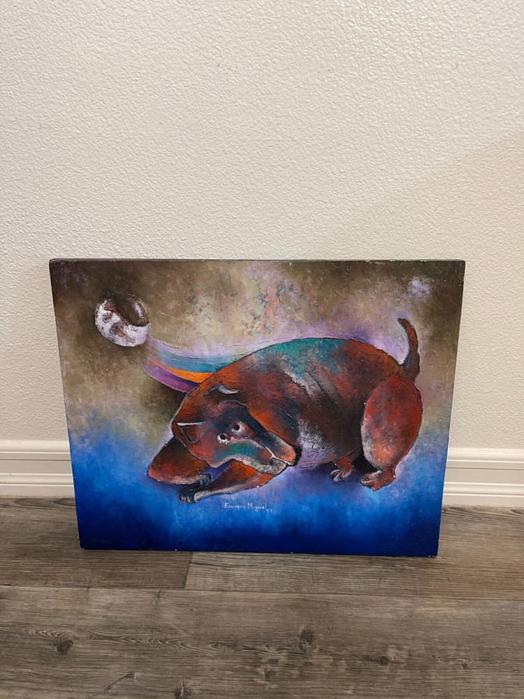 Enrique Miguel Signed Acrylic on Wood 1997 „fertilizando al perro“