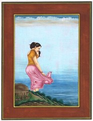 Hand Miniature Painting A Woman Standing By The Lake On Paper 10.5×13.5 Inches
