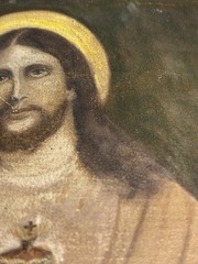 Antique Sacred Heart of Jesus Painting on Paper/Canvas Laid on Wood Gilt Frame