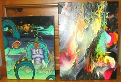 SETH MCMAHON & OTHER PAIR OF ABSTRACT ACYLIC ON CANVAS FANTASY PAINTINGS