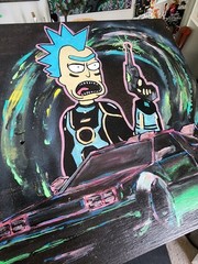 10×10” Cyberpunk Rick & Morty Painting – Neon Acrylic on Wood, Fan Art Fusion