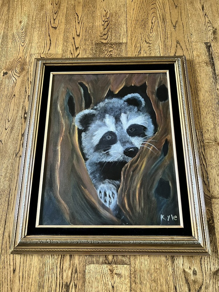 Vintage Folk Art Raccoon Animal Wild Life Nature Signed Framed Oil Painting 25”
