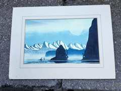 Serge Dube authentic watercolor painting blue BC Vancouver mountains and lake