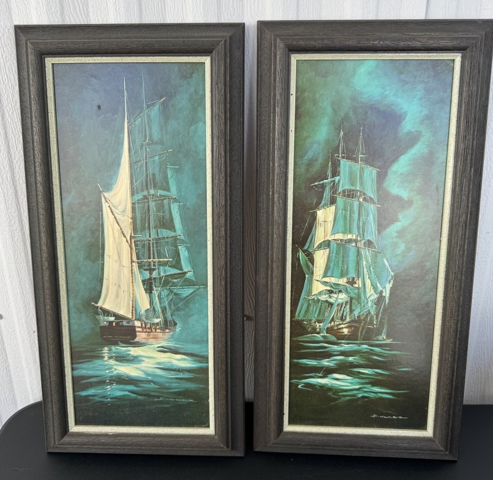 2 x Vintage Mid Century Art Ships Paintings Signed