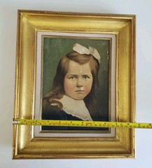 Antique German Oil Portrait Painting Young Girl Bow Gold Gilt Wood Frame Signed