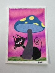 ACEO Original Watercolor And Acrylic Art Card Tiny Cat With A Big Mushroom
