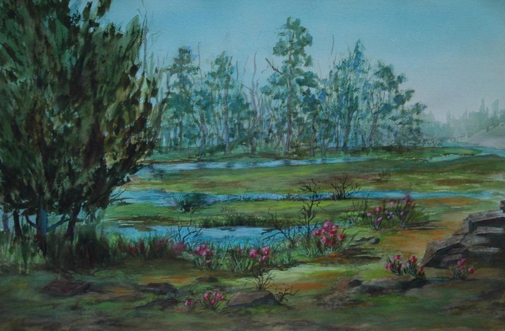 Original Watercolor Of A Creek or Marsh Summer Landscape Att to Colette Rivolta
