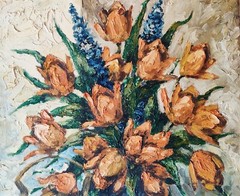 STILL LIFE WITH FLOWERS, KETTLE AND FRUIT, original oil painting