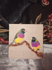 Colorful birds painting on linen panel,5×5.