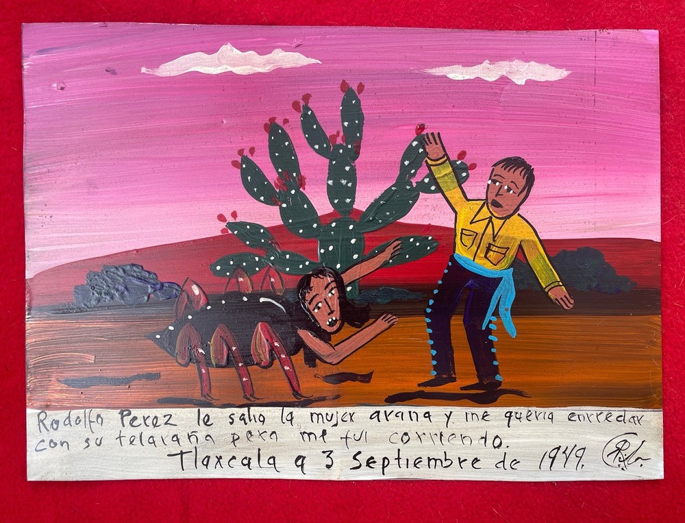 Mexican Folk Art Rafael Rodríguez Cojas Spider Woman Attack Tin Retablo Ex Voto