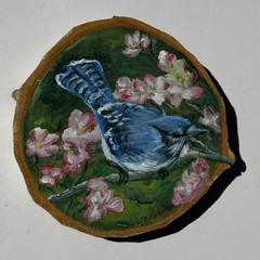 Hand Painted Blue Jay Acrylic On Live Edge Wood Verna Schlueter Made In USA