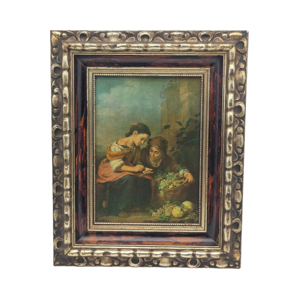 Vintage Baroque Style Framed Art Print Women with Grapes Ornate Gold Relief Fram