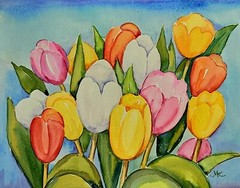 Colorful Spring Tulips Yellow Red Gardens Watercolor Flower Painting Signed