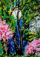 ACEO Original PAINTING Spring TREES Night Moon Flower Nature Landscape ATC ART