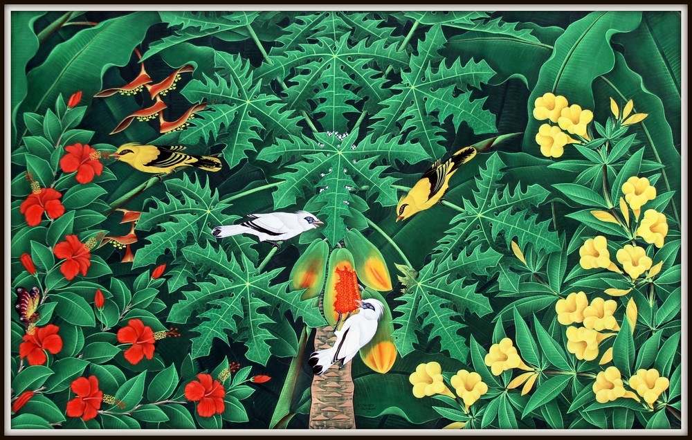 Original Balinese Painting „Yellow Birds & Starlings“ (32.5″H x 52.5″W) Signed