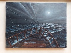 Night stormy sea oil painting. Old sailing wooden boat in Moonlight Artwork