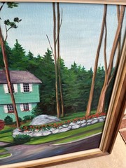 Vintage Folk Art Landscape House Primitive Oil Painting Ornate Wood Frame 36×28
