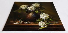 Original Oil Painting Still Life Realism „White Roses“ 12×12″ Signed by Z.Li