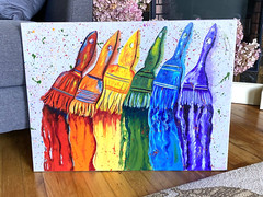 PAINT BRUSHES ART DECO PRIMARY COLORS KIDS CRAFT- HAND PAINTED 18″ X 24 ACRYLIC