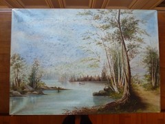 Antique 19th C Landscape with Lake Boat Country Lane with Figure Trees 17 X 24″
