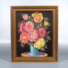 Vintage French Oil Painting, Bouquet of Flowers in a Blue Vase, Roses