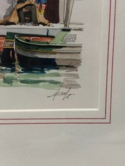 Vintage Original Watercolor Painting Venice Italy Fisherman Mending Net Signed