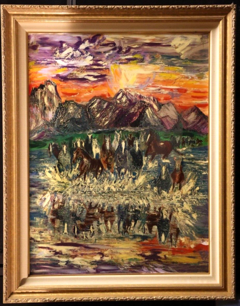 Original von Wening Oil Painting giclee Horses charging in Wyoming Grand Tetons