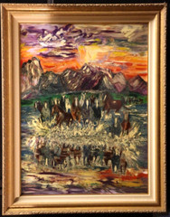 Original von Wening Oil Painting giclee Horses charging in Wyoming Grand Tetons