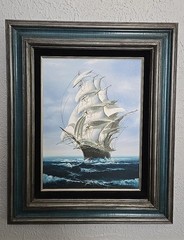 Vtg 20×24 Framed Signed Clipper Ship Oil On Canvas Seascape Oceanscape Nautical