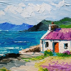 Ireland Original Painting Irish Cottage Blooming Heather Oil Painting Unframed