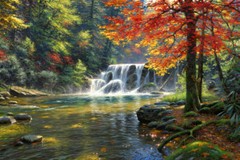 Forest waterfall scenery Giclee Art Oil painting printed on canvas L2987