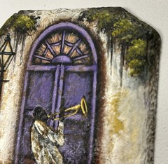Hand Painted New Orleans French Quarter Reclaimed Slate Art Jazz Musician 1998