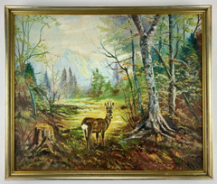 Painting oil painting unsigned oil on canvas deer in clearing hunting parlor hunter hunting