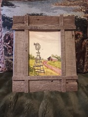 Vintage rustic barn and windmill painting primitive wood frame.