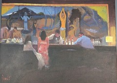 Original Dennis Nash 1947-2016 British Acrylic Painting Canvas New York Bar