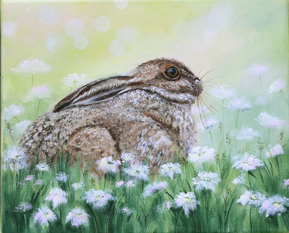 Original acrylic small painting bunny rabbit hare wild life flowers meadow