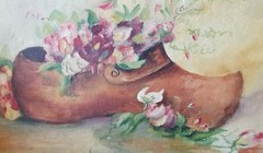 Antique Pair of Dutch Folk Acrilic Paintings on Cardboard Panel