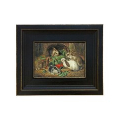 Rabbits Meal Framed Oil Painting Print on Canvas in Distressed Black Wood Frame