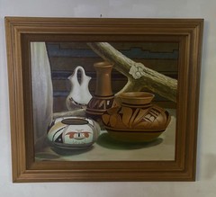 Vintage Southwest Pottery Oil Painting Signed Ruiz 31”x27” Wooden Frame