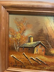 Autumn Mountain Scene by J. Aulaire Framed Oil Painting Barn Trees Fence