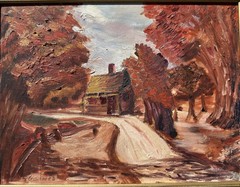 Vintage Fall Scene Cabin Landscape Oil Painting Gilt Gesso Frame Signed Gaines