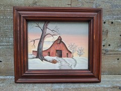 BARN PAINTING 8 X 10 -AMERICANA WINTER SCENE (WITH FRAME 14″ X 12″)
