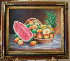 VTG FRAMED SIGNED ORIGINAL OIL TROPICAL FRUITS WITH BASKET ARTIST: ALFREDO REYES