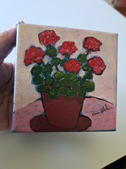 Potted Flowers „Red Geraniums “ Original Acrylic Painting On Canvas 4″