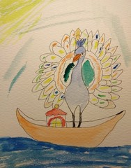 Original WATERCOLOR Painting 6×9 Inch Whimsical Animals Peacock On Boat GAT