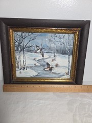 Beautiful Vintage Watercolor Painting Winter Landscape With Ducks