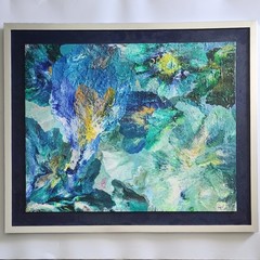 Original Abstract Fluid Art Painting Acrylic Pour Blue Green Gold 30×36 Framed