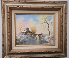 Winter Skating Tranquil Scene Pallet Knife Oil Painting by Thomas Grilli Framed
